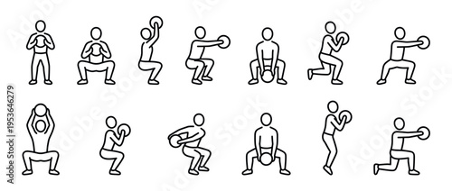 Collection of black outline fitness exercise icons showing people performing various squats, lunges, and twists with a circular weight in a minimalist line art style