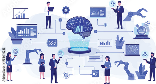 Artificial intelligence neural network brain connecting professional team with automation technology and data analytics for smart business solutions and future digital transformation.