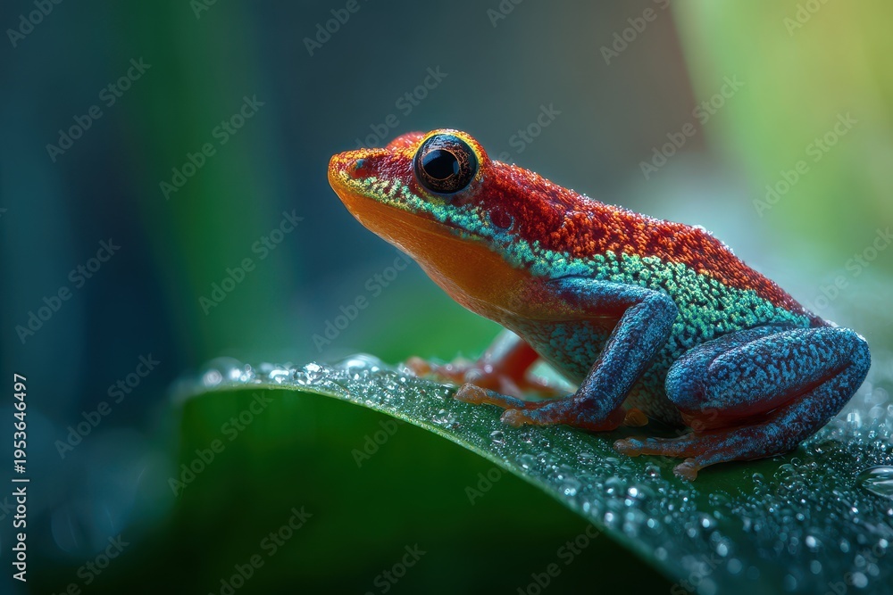 Obraz premium Macro photograph of a colorful frog on a bright green leaf in warm morning glow