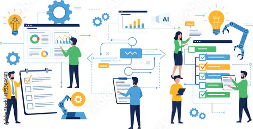 Professional team managing creative business workflow using artificial intelligence automation and digital analytics tools for strategic innovation and efficient project management.