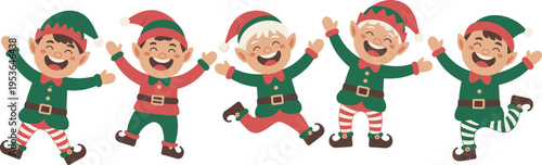 Funny cartoon Christmas elves jumping, happy holiday characters vector, festive children clipart, Santa helpers illustration, cute Xmas drawing