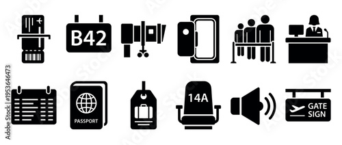Collection of black silhouette airport travel icons illustrating various stages of air travel, including check-in, boarding, and passenger elements, presented in a clean, modern style