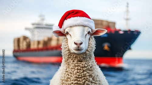 A Joyful Sheep Wearing a Santa Hat Celebrates Christmas Aboard a Cargo Ship on a Festive Voyage