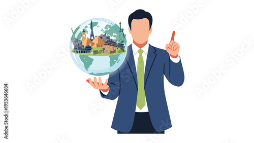 Global Vision: A visionary professional, stands confidently, presenting a miniature globe showcasing iconic landmarks and diverse cultures.