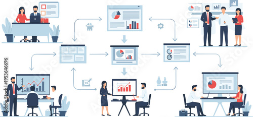 Professional business team working on data analysis and strategic workflow management using digital dashboards for corporate growth and efficient project collaboration in modern office.
