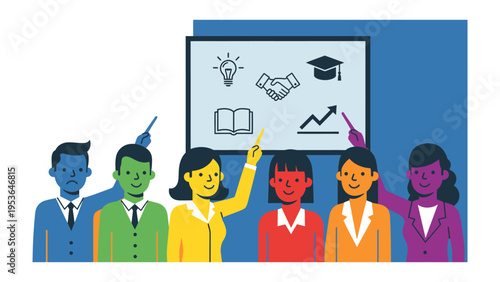 Team in Training: A vibrant group of individuals engages in a dynamic training session, their focus directed towards a central display of collaborative learning