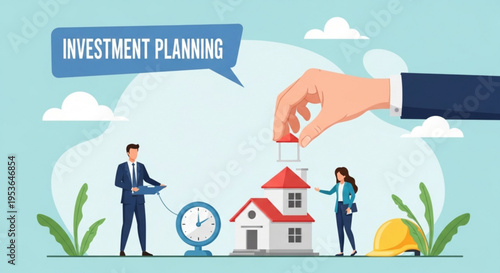 Business people planning investment for house with clock and planning tools