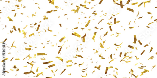Scattered gold foil confetti and streamers falling dynamically against a clean white background, bright and festive party celebration, abstract background texture