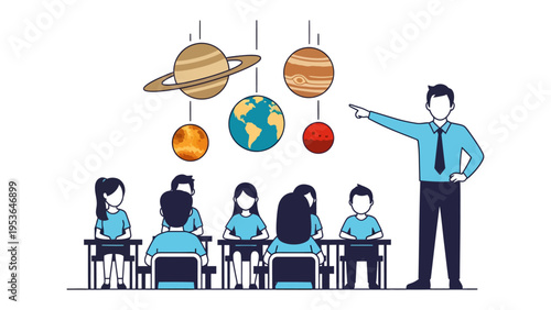 Celestial Lesson: A teacher guides a class of young learners through a lesson on the solar system. Illustrated by planets.