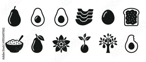 Collection of black silhouette avocado and breakfast icons depicting various forms of the fruit, its growth, and common morning meal items in a clean, illustrative style