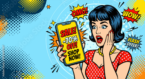 Shocked Woman Holding Smartphone with 70% Off Discount Sale Offer, Retro Pop Art Vector Illustration for E-commerce Promotion and Flash Sale Marketing Banner