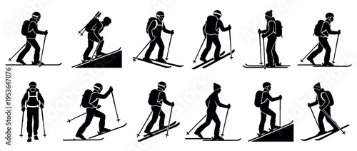 Black silhouettes of skiers and ski tourers in various active poses, equipped with poles, skis, and backpacks, depicted in a clean, graphic style