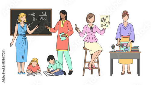 Educational moments: Illustrative scene of dedicated educators interacting with students, teachers teaching, and different teaching style and methods