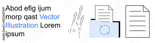 Data synchronization, cloud storage, file sharing, digital transfer, workflow automation, productivity tools. Icons of documents, folder and arrows. Data synchronization and cloud storage concept