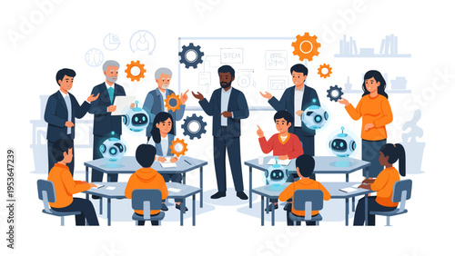 Robotics classroom: Educators and students collaborate in a classroom setting, learning and experimenting with innovative robotic technology. A scene of learning and innovation.