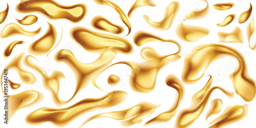 Abstract liquid gold blobs and fluid shapes on a white background, smooth viscous texture, organic flowing patterns, elegant and luxurious abstract design element