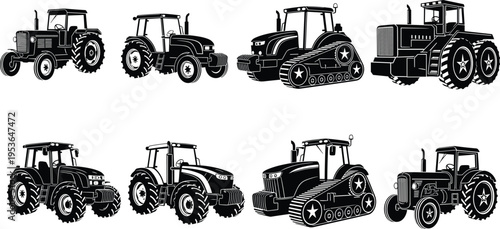 Set of black and white tractor silhouettes including modern farm machinery tracked tractors agricultural equipment and heavy duty industrial farming vehicles