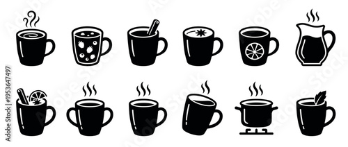 Black silhouette hot beverage icons with various steaming drinks, including coffee, tea, mulled wine, and hot chocolate, presented in a minimalist flat vector style