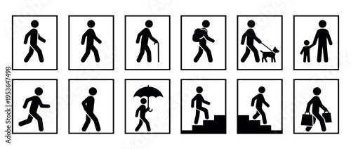 Twelve black pictogram icons depicting various walking human figures in different everyday situations, presented in a clean, graphic, and minimalist style