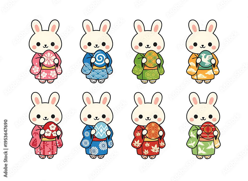Obraz premium Cute kawaii bunny in Japanese kimono character set with traditional patterns