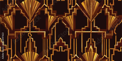 Art deco gold pattern with fan-shaped motifs and stepped geometric lines on a dark background, elegant vintage design, retro luxury texture, stylized graphic background