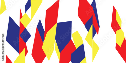 Abstract geometric pattern composed of bold primary colors: red, blue, and yellow interlocking shapes and sharp angles against a white background, geometric design