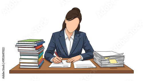 Desk Worker's Deliberation: An illustration shows a focused professional, immersed in the task of documentation amidst a stack of documents, symbolizing dedication and hard work.