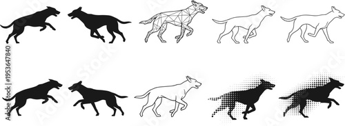 Running dog silhouette vector set with geometric low poly outline and halftone motion effects for animal logo and sports branding