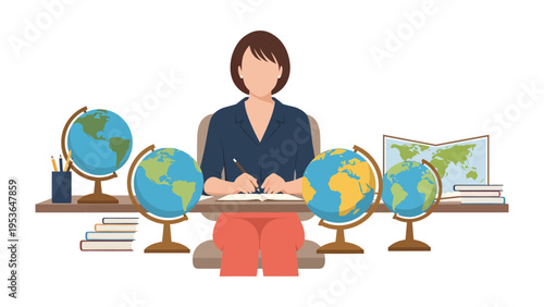 Worldly Instructor: A focused instructor at a desk surrounded by globes, crafting knowledge with world maps and books, conveying a sense of scholarly pursuit.