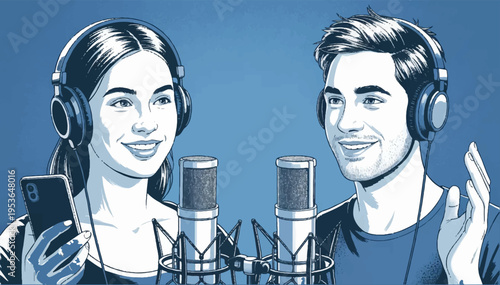 Vector illustration in a cartoon style in monochrome blue colors. A man and a woman with headphones and microphones are having a conversation during a podcast.