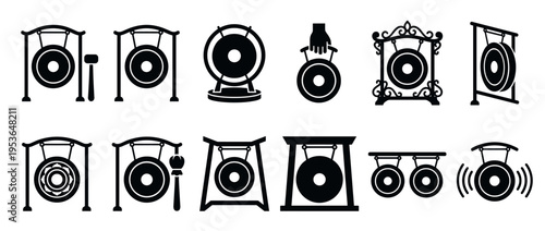Black silhouette icons of traditional gongs, some with mallets, displayed on various stands, including one held by a hand and another ringing, presented in a clean graphic style