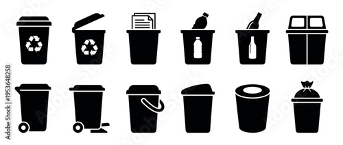 Various black silhouette waste bin icons illustrating different types of trash cans, recycling containers, and refuse receptacles in a clean, graphic style