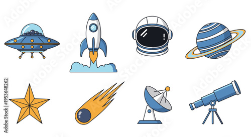 Space objects and astronomy symbols.