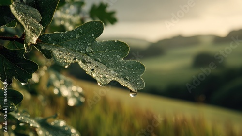 Dew drops on an oak leaf in the soft morning light over rolling hills. Close-up of a vibrant green oak leaf covered in sparkling dew drops, with a blurred background of misty hills at sunrise