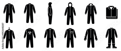 Black silhouette protective coveralls icons set showing various designs, including hooded, zippered, and biohazard versions, presented in a minimalist graphic style