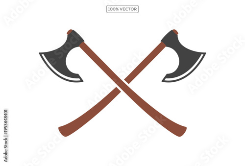 Two crossed battleaxes, battle axes. Black on white flat vector illustration template