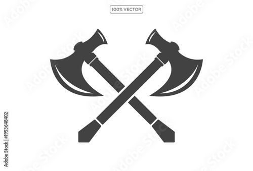 Two crossed battleaxes, battle axes. Black on white flat vector illustration