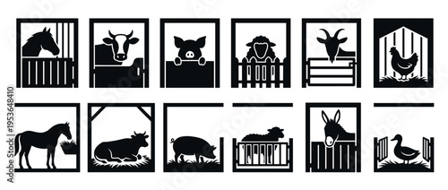 Black silhouette farm animal icons in various enclosures, depicting common livestock such as horses, cows, pigs, sheep, goats, chickens, donkeys, and ducks in a graphic, illustrative style