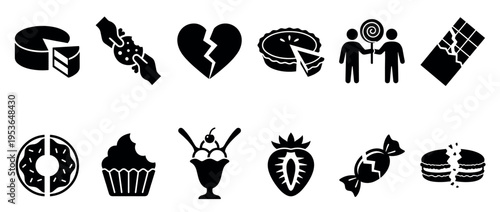 Various black silhouette dessert and sweet icons are neatly arranged, showcasing a range of treats and related concepts in a graphic, minimalist style
