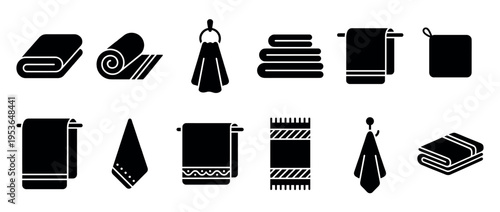 Various black silhouette towel icons depicting different forms and uses, including folded, rolled, stacked, and hanging textiles, presented in a clean, graphic style