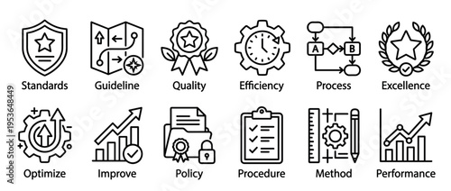 Twelve black outline business management icons illustrating concepts like standards, quality, efficiency, process, and performance in a clear, modern style