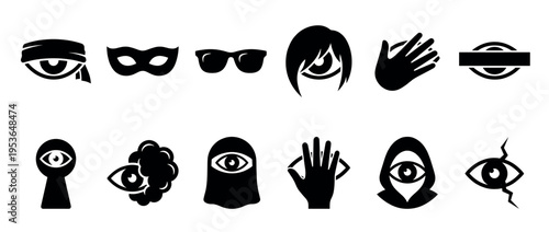 Twelve black and white eye icons depicting various forms of sight, concealment, and privacy, rendered in a flat graphic style with symbolic details
