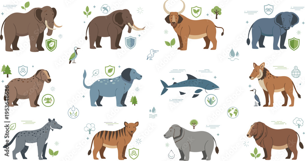 Fototapeta premium Wild animal illustration set featuring elephants, wolves, tiger, dolphin and forest wildlife characters in flat vector style collection