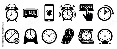 Various black and white clock and alarm icons are displayed in a clean, minimalist, and informative graphic style, illustrating concepts of time, scheduling, and waking up