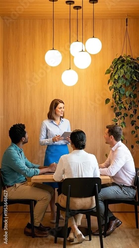 Wallpaper Mural Diverse business team collaborating in a modern meeting room with natural light and green plants. Torontodigital.ca