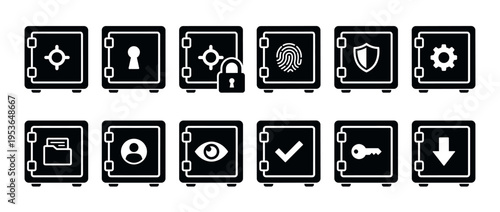 Twelve black and white safe box icons illustrating various security, data protection, and access control concepts in a flat, minimalist vector style