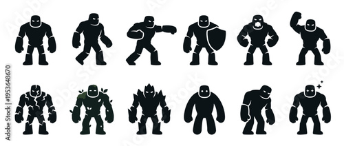 Twelve stylized dark golem monster characters are presented in various poses and forms, including cracked, leafy, and spiky designs, depicted with a flat, iconic vector art style
