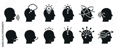 Various human head silhouette icons illustrating different mental processes, communication, and cognitive states in a clean, modern, graphic style