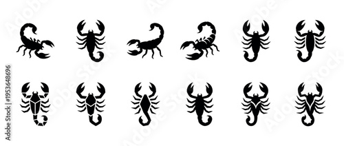 Twelve black scorpion silhouettes in various styles, showcasing different poses and artistic interpretations as vector illustrations