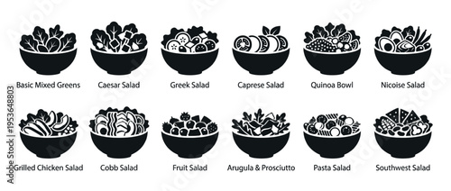 Twelve black and white silhouette icons of various salads and bowls, presented in a clean, graphic, and minimalist illustration style